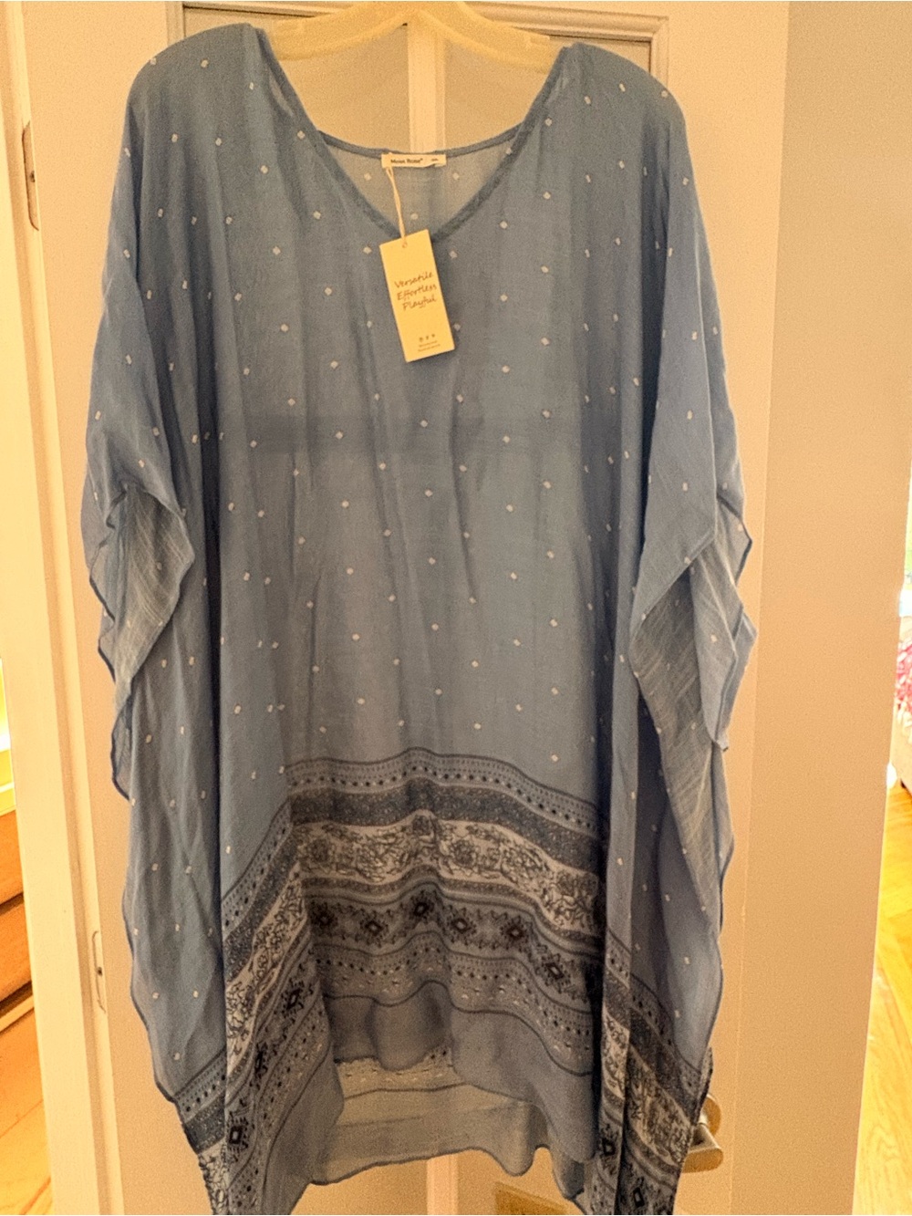 Women’s Blue Boho Muumuu Caftan Poncho Cover Up One Size NWT 100% Viscose
